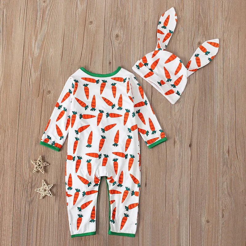 Red cotton baby romper jumpsuit for toddlers on a hanger