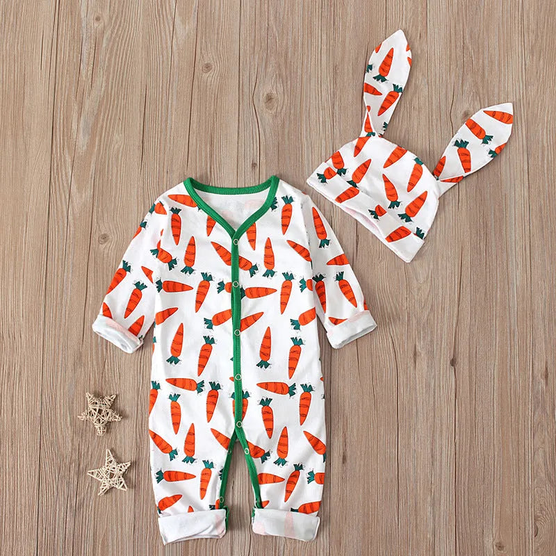 Red cotton baby romper jumpsuit for toddlers on a hanger