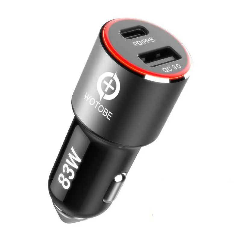 83W dual-port fast car charger with USB-C and QC3.0 sockets for laptops and phones.