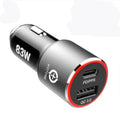 83W dual-port fast car charger with USB-C and QC3.0 sockets for laptops and phones.