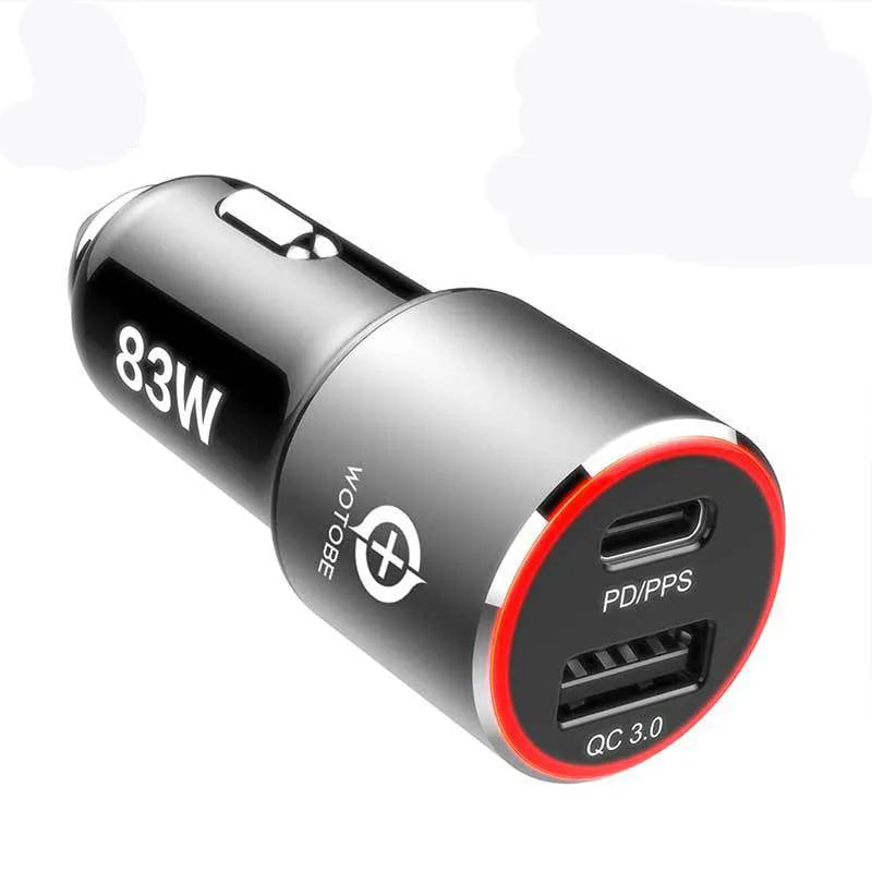 83W dual-port fast car charger with USB-C and QC3.0 sockets for laptops and phones.