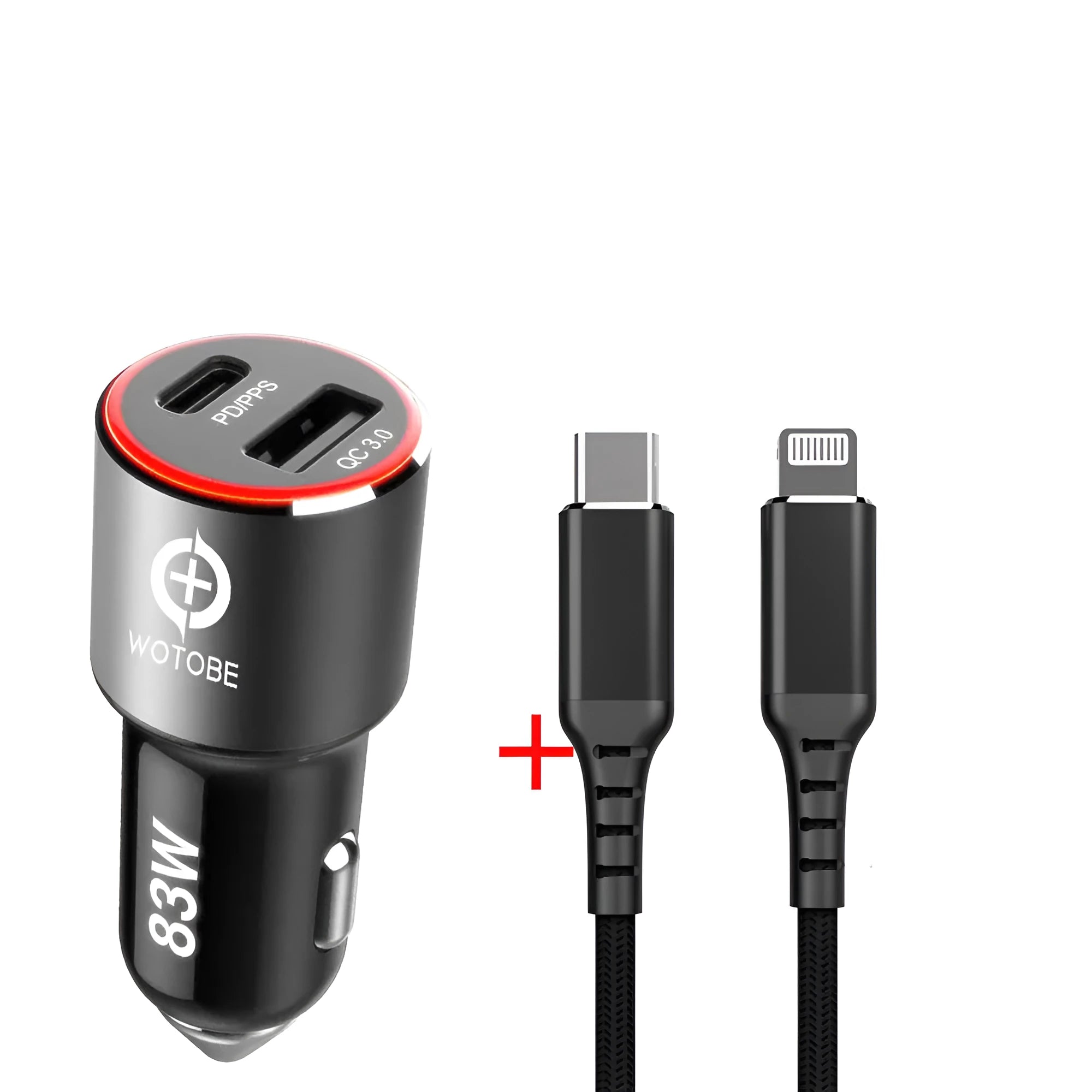 83W dual-port fast car charger with USB-C and QC3.0 sockets for laptops and phones.