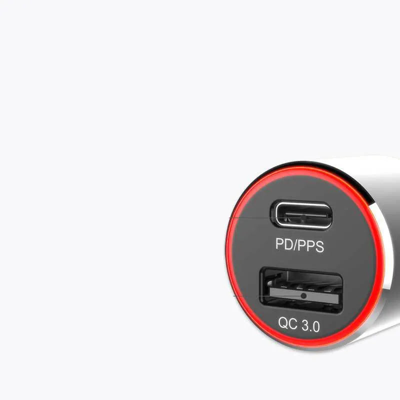 83W dual-port fast car charger with USB-C and QC3.0 sockets for laptops and phones.