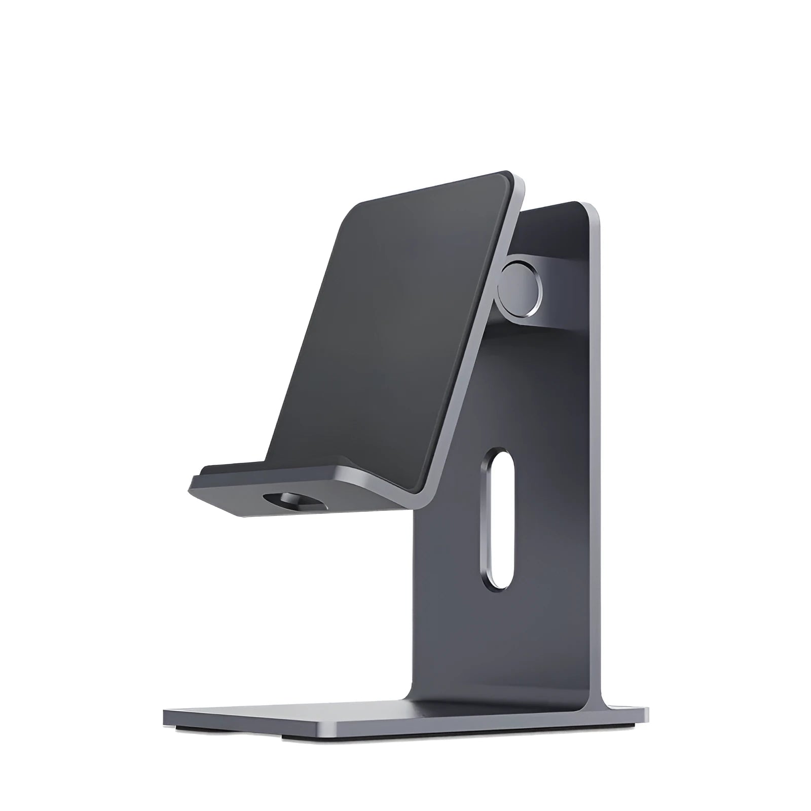Dark space grey alloy mobile phone and tablet holder on a wooden desktop.