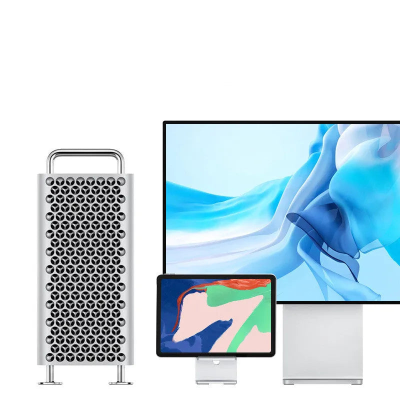 Dark Space Gray alloy lazy bracket mobile phone and tablet holder on a desktop.