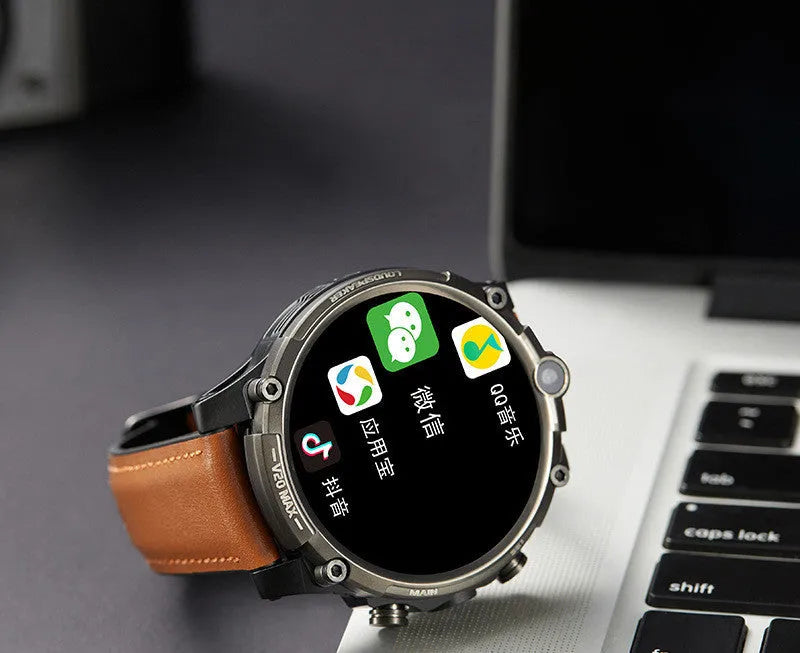 Black smart phone watch with 1.6-inch screen, showing a video call interface on its display.