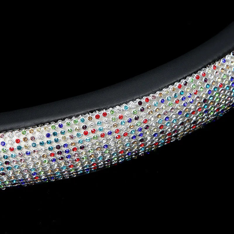 Women's car steering wheel cover with full diamond rhinestones in silver, universal 38cm fit