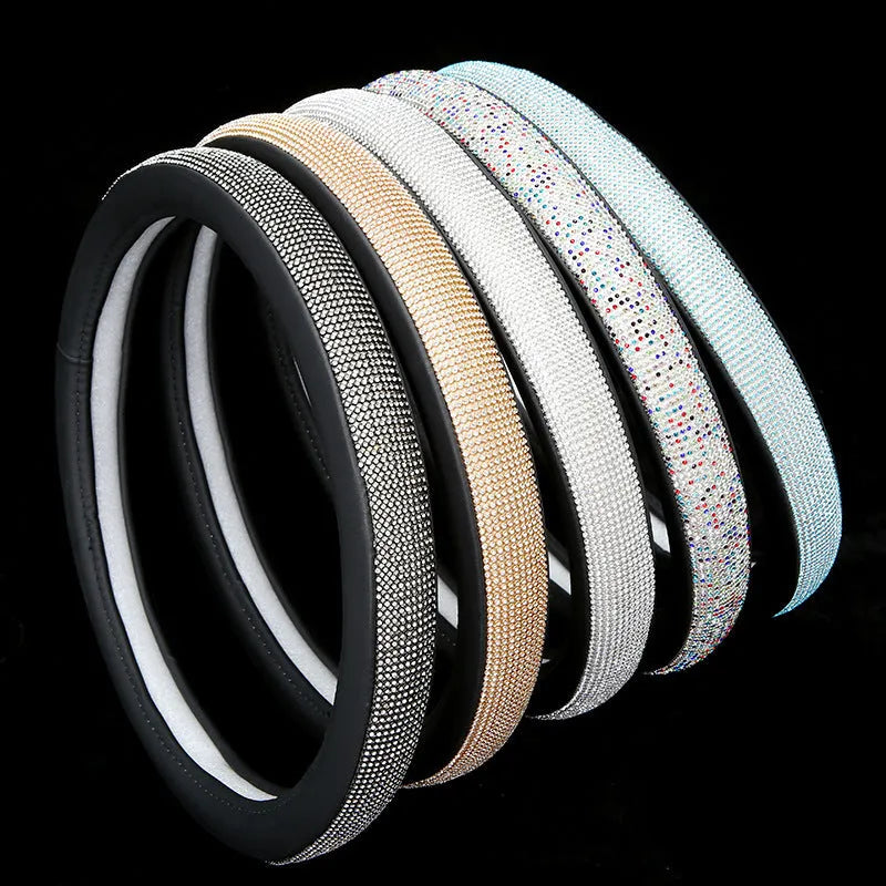Women's car steering wheel cover with full diamond rhinestones in silver, universal 38cm fit