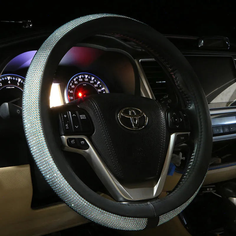 Women's car steering wheel cover with full diamond rhinestones in silver, universal 38cm fit
