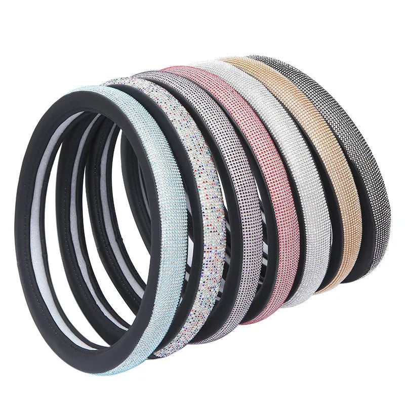 Women's car steering wheel cover with full diamond rhinestones in silver, universal 38cm fit