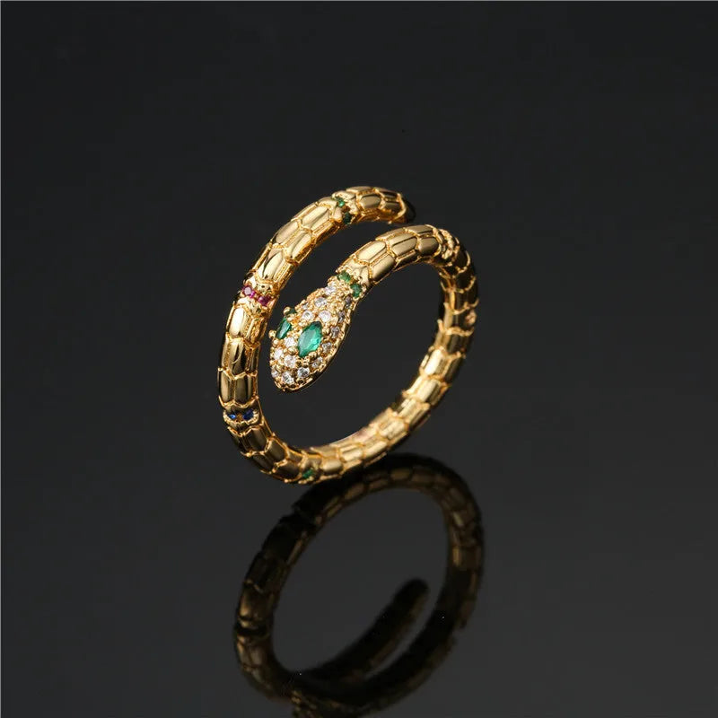 Gold colour adjustable snake ring with cubic zirconia stones on copper base