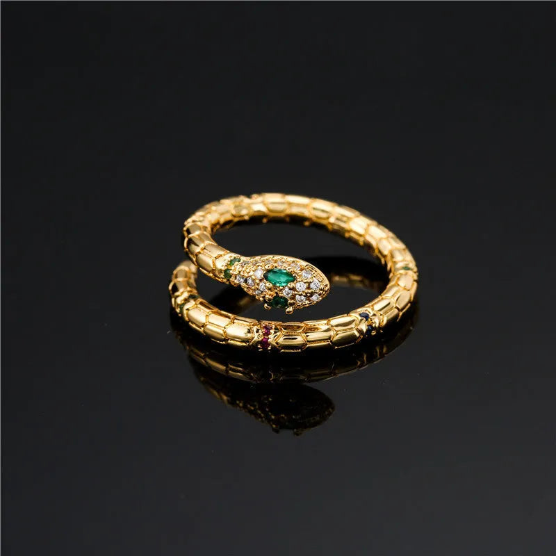 Gold colour adjustable snake ring with cubic zirconia stones on copper base