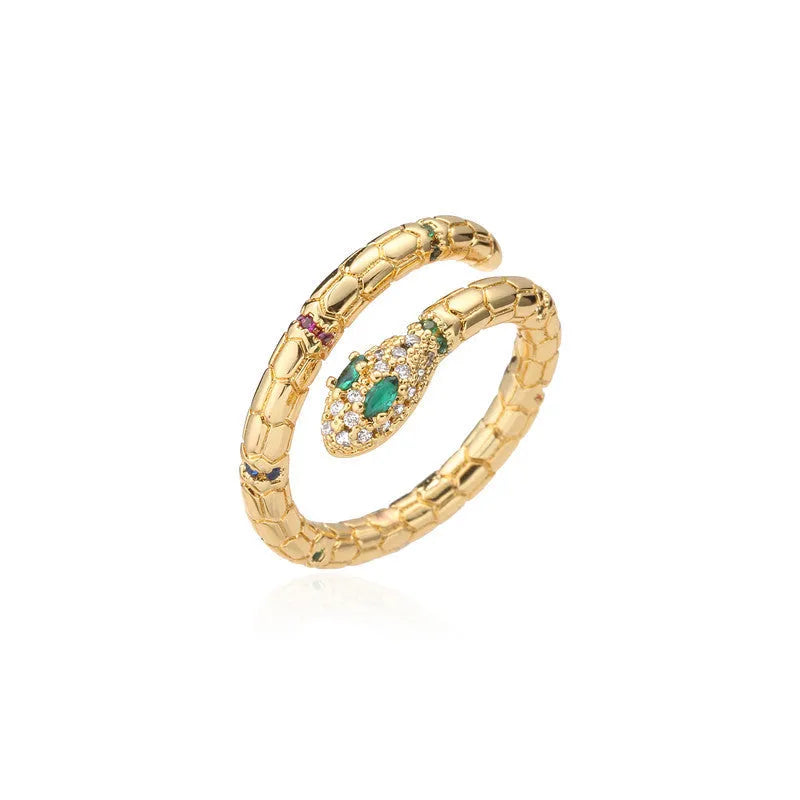 Gold colour adjustable snake ring with cubic zirconia stones on copper base