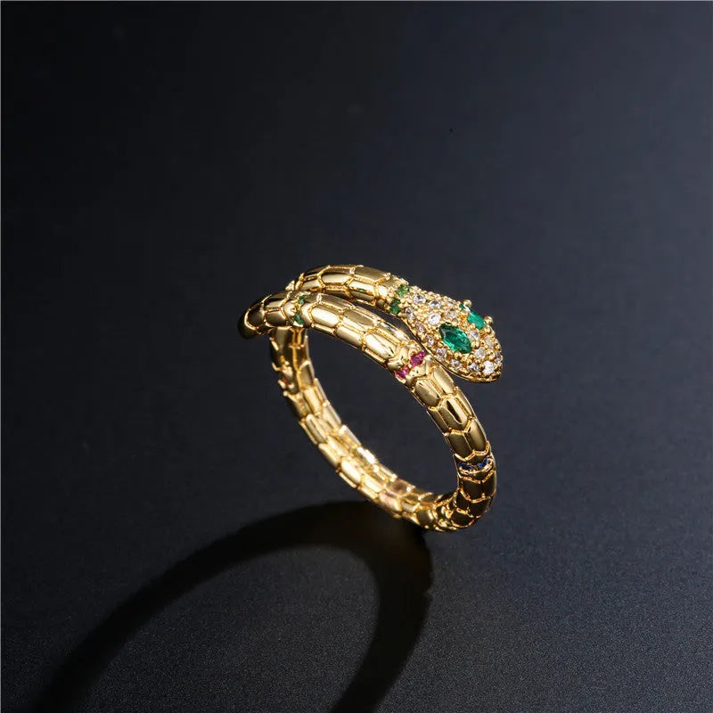 Gold colour adjustable snake ring with cubic zirconia stones on copper base