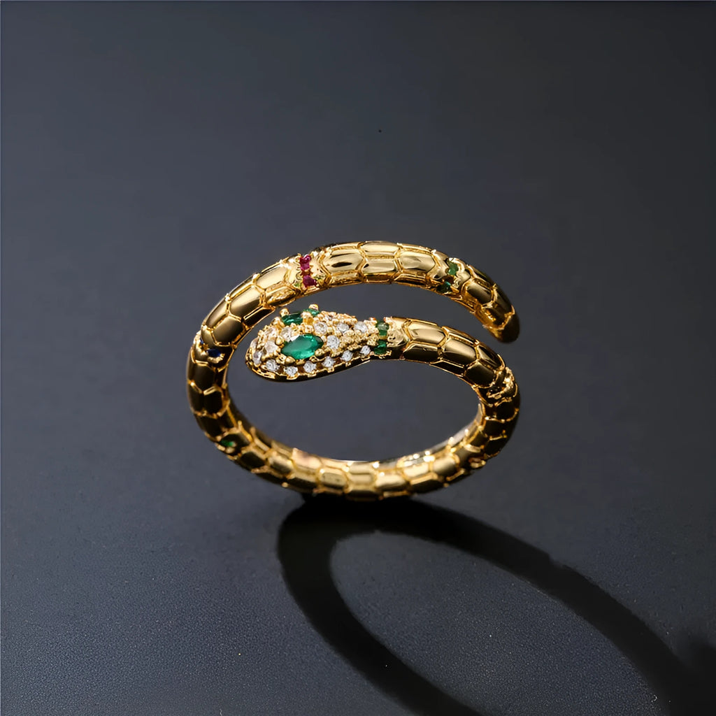 Gold colour adjustable snake ring with cubic zirconia stones on copper base