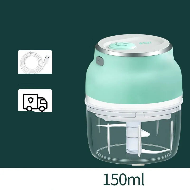 Portable USB rechargeable electric food chopper with transparent cup and stainless steel blade.