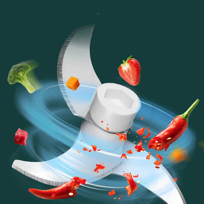 Portable USB rechargeable electric food chopper with transparent cup and stainless steel blade.