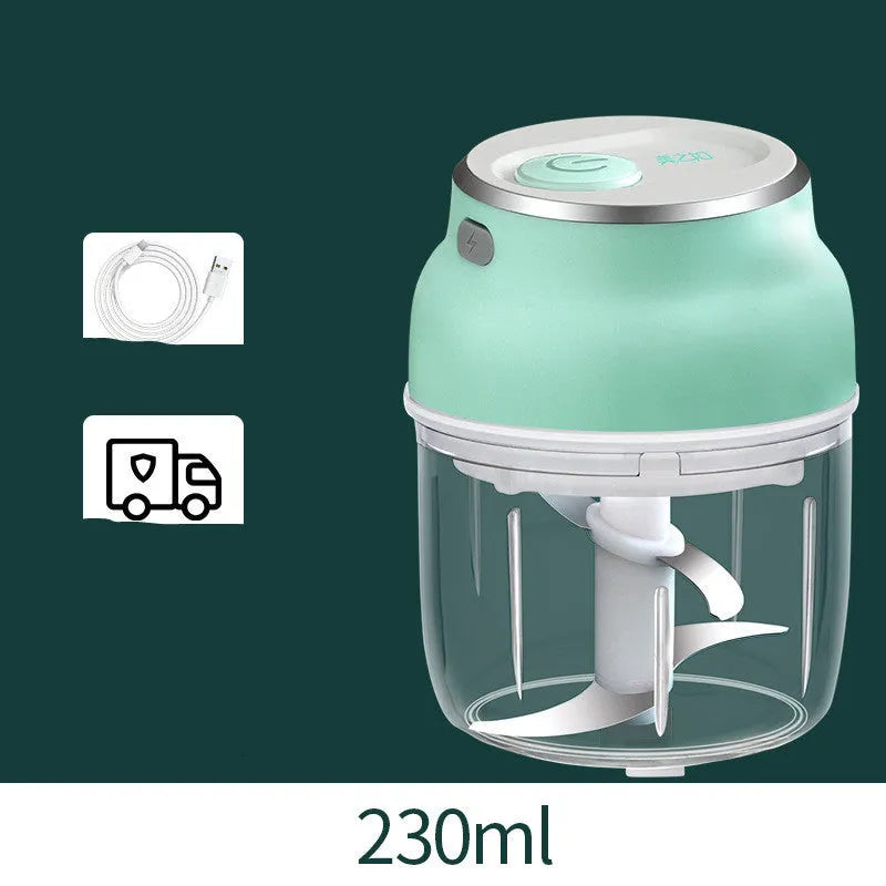 Portable USB rechargeable electric food chopper with transparent cup and stainless steel blade.