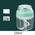 Portable USB rechargeable electric food chopper with transparent cup and stainless steel blade.