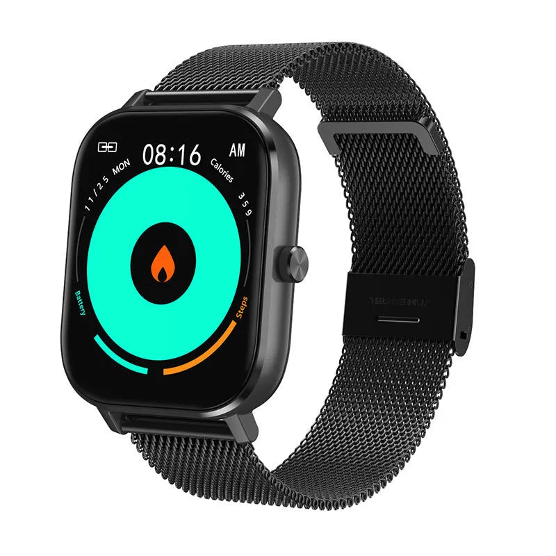 DT35 smart watch with black alloy case and silicone strap showing colour screen display.