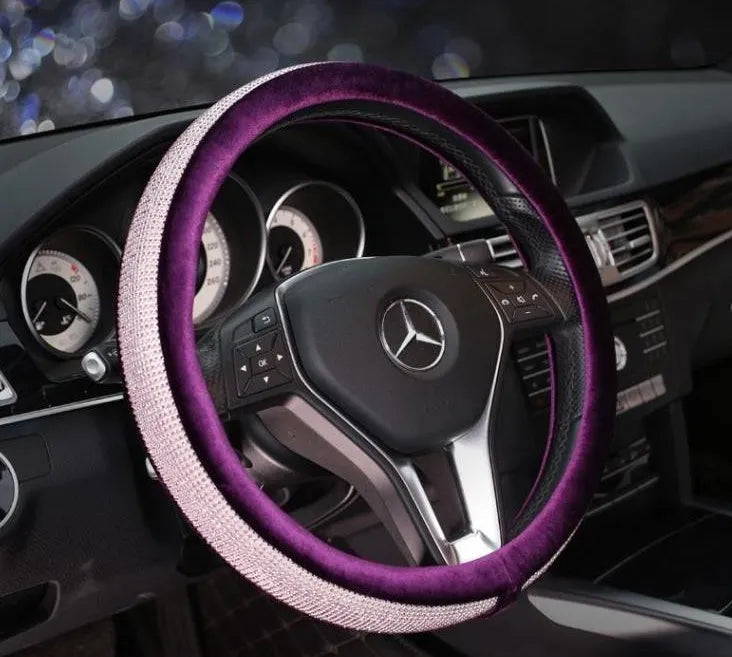 Women's car steering wheel cover with full diamond rhinestones in silver, universal 38cm fit