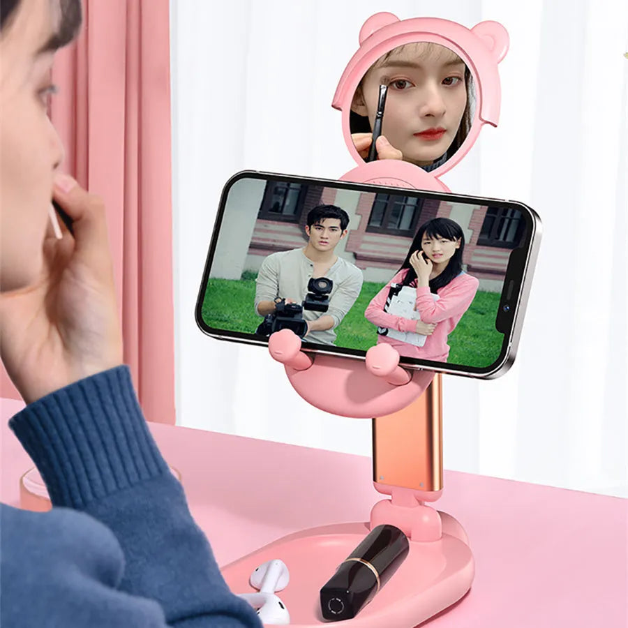 Blue adjustable phone tablet holder with mirror for Apple devices on desk