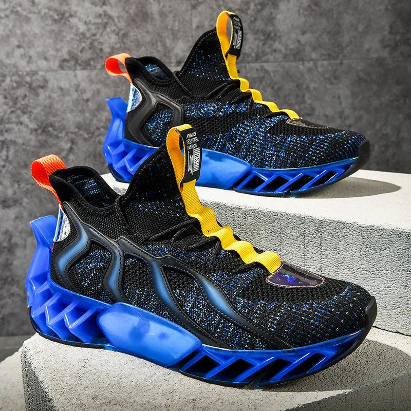 Flying woven leisure thick soled sports shoes for men, super fibre and flying fabric upper, thick Pu and popcorn sole, Black blue colourway