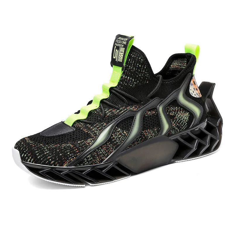 Flying woven leisure thick soled sports shoes for men, super fibre and flying fabric upper, thick Pu and popcorn sole, Black blue colourway