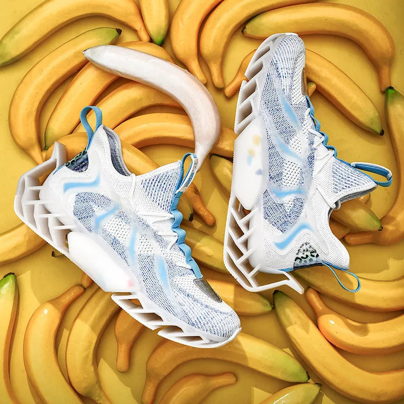 Flying woven leisure thick soled sports shoes for men, super fibre and flying fabric upper, thick Pu and popcorn sole, Black blue colourway
