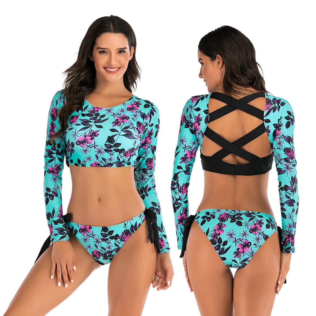 Blue floral women's split long-sleeved diving surfing swimsuit with chest pad