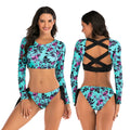 Blue floral women's split long-sleeved diving surfing swimsuit with chest pad
