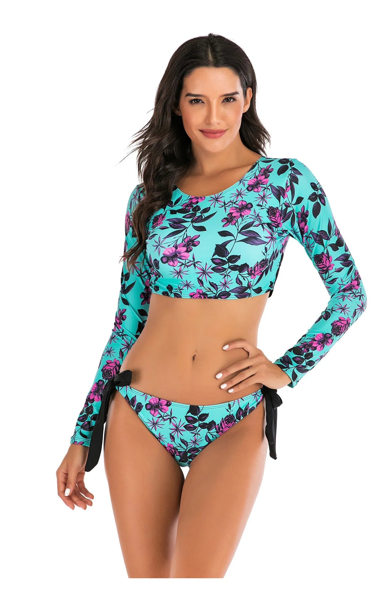 Blue floral women's split long-sleeved diving surfing swimsuit with chest pad