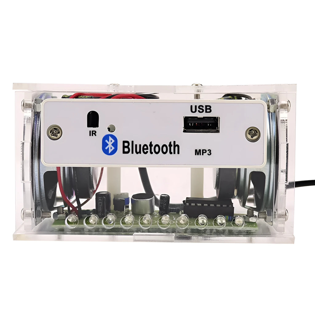 DIY bluetooth speaker assembly kit showing electronic components and transparent shell enclosure
