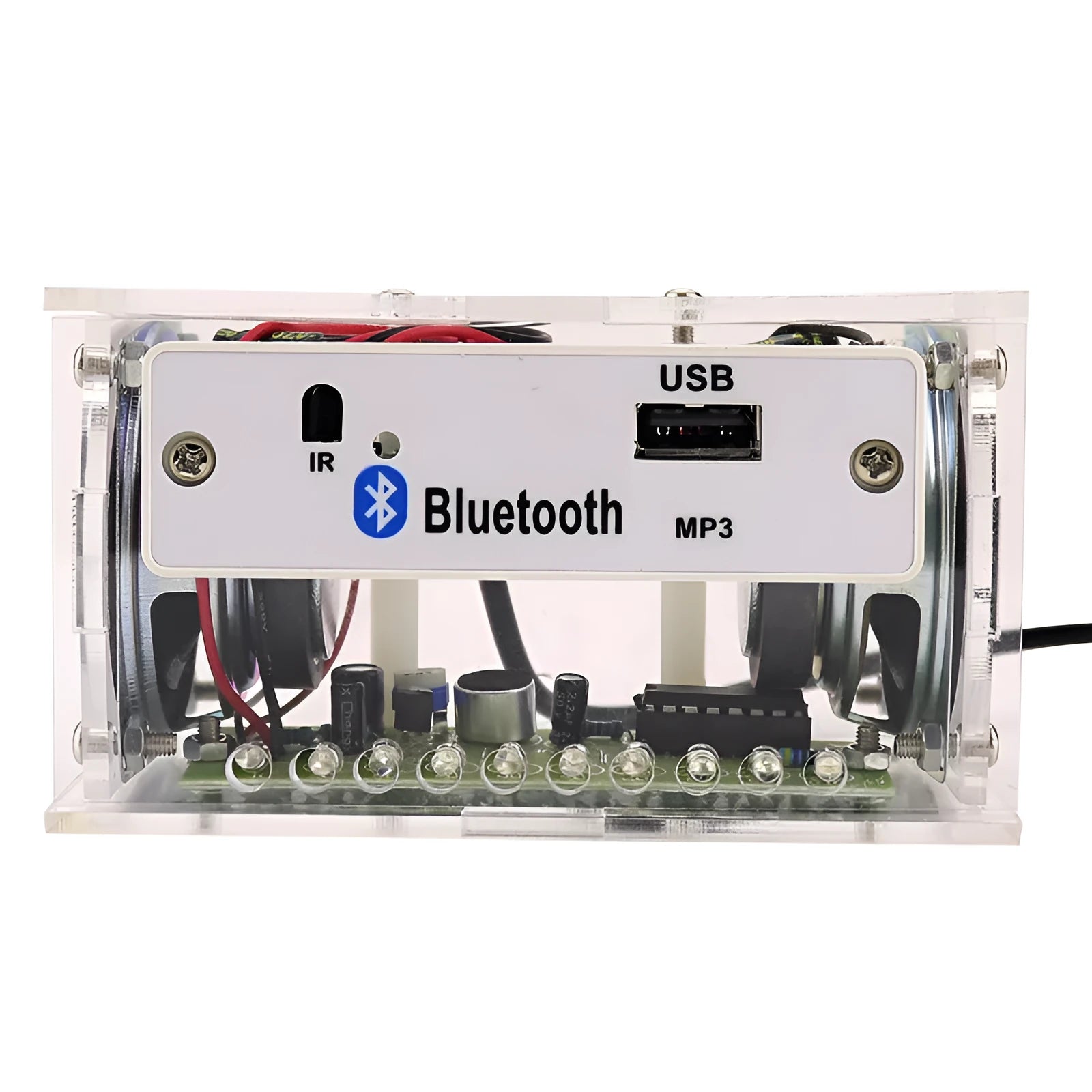 DIY bluetooth speaker assembly kit showing electronic components and transparent shell enclosure