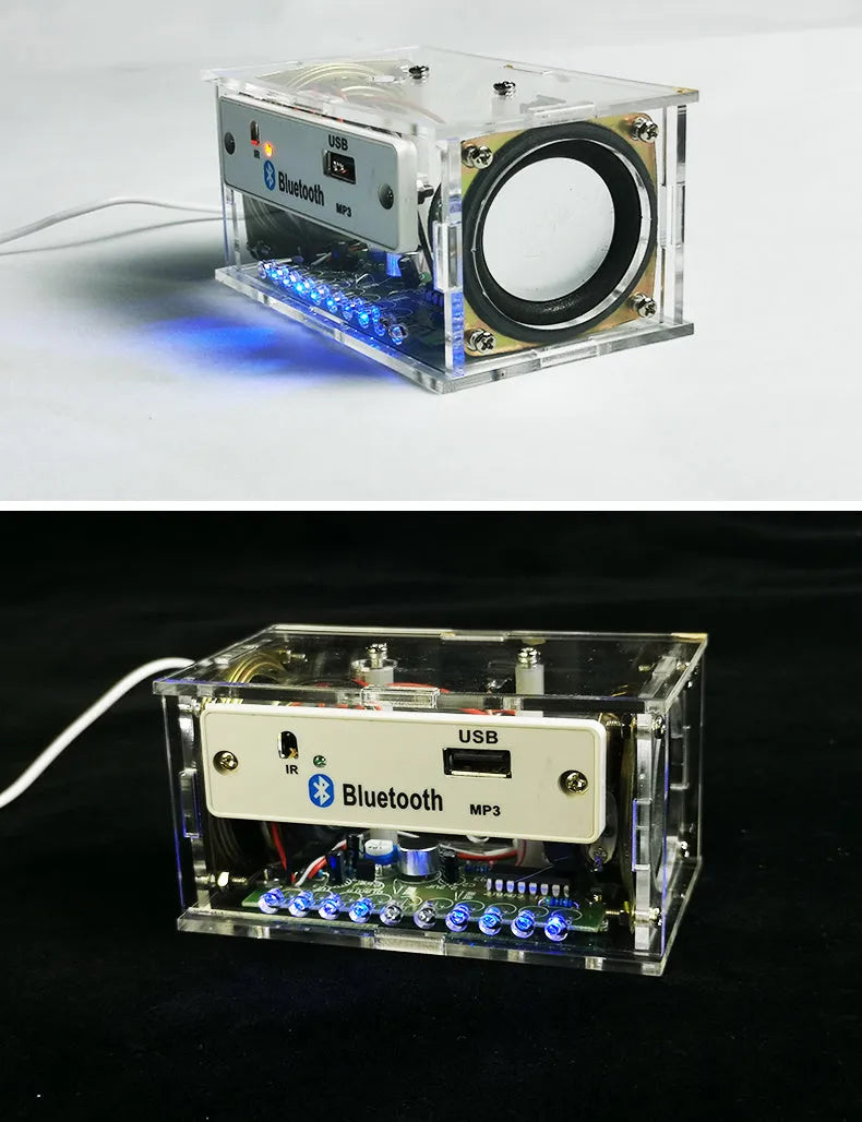 DIY bluetooth speaker assembly kit showing electronic components and transparent shell enclosure