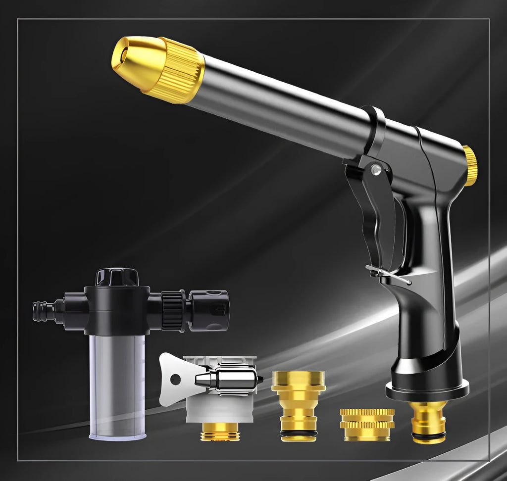Aluminium alloy telescopic garden hose extended with water gun showing multiple spray pattern options
