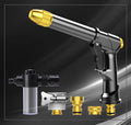 Aluminium alloy telescopic garden hose extended with water gun showing multiple spray pattern options