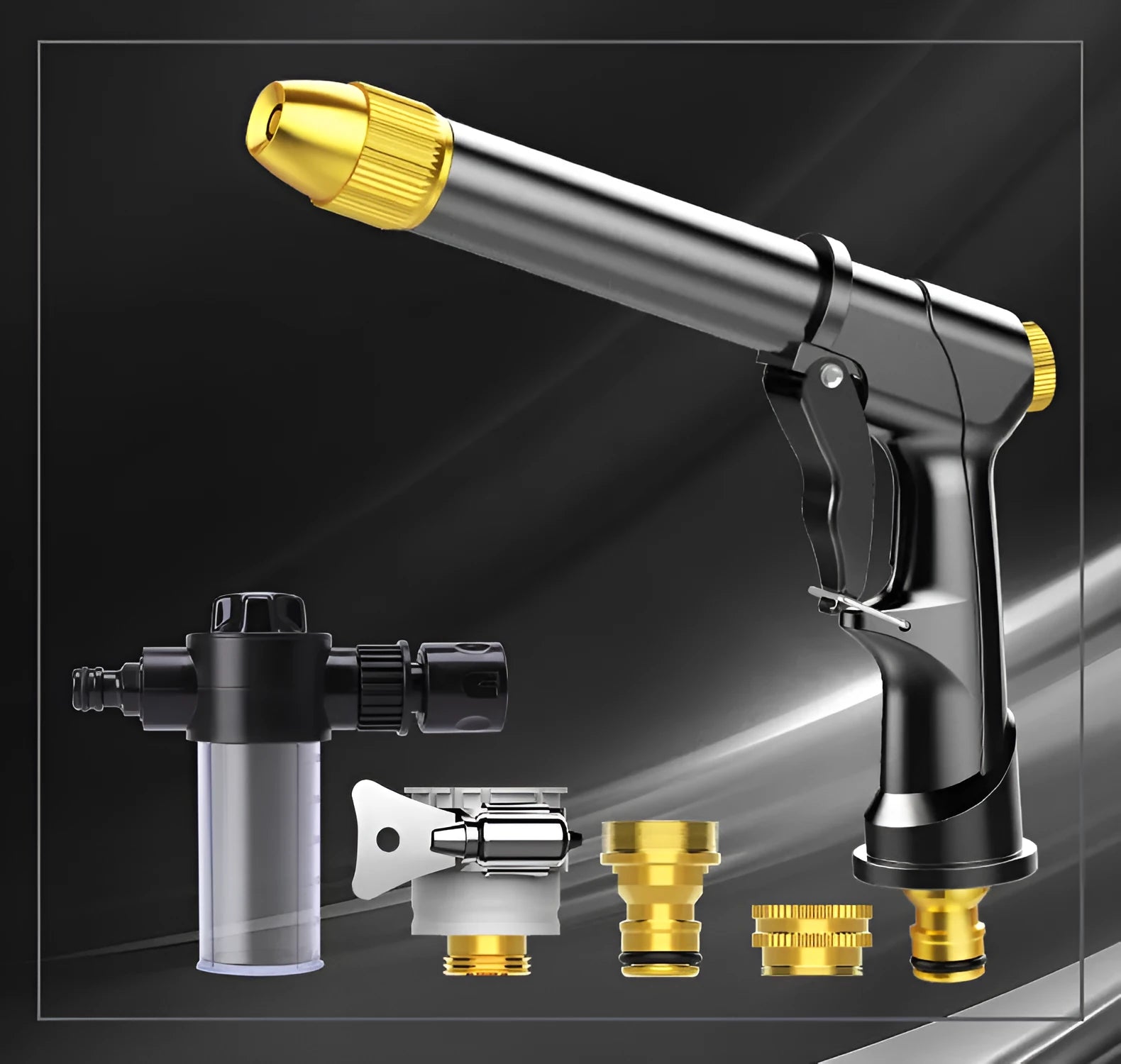 Aluminium alloy telescopic garden hose extended with water gun showing multiple spray pattern options
