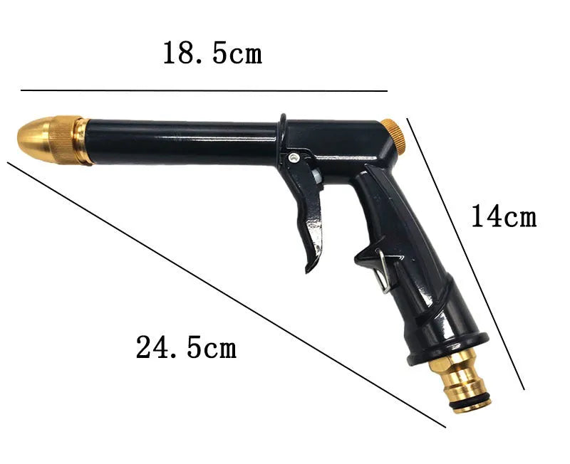 Aluminium alloy telescopic garden hose extended with water gun showing multiple spray pattern options