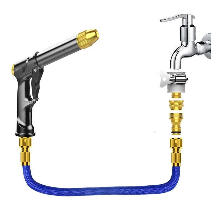 Aluminium alloy telescopic garden hose extended with water gun showing multiple spray pattern options