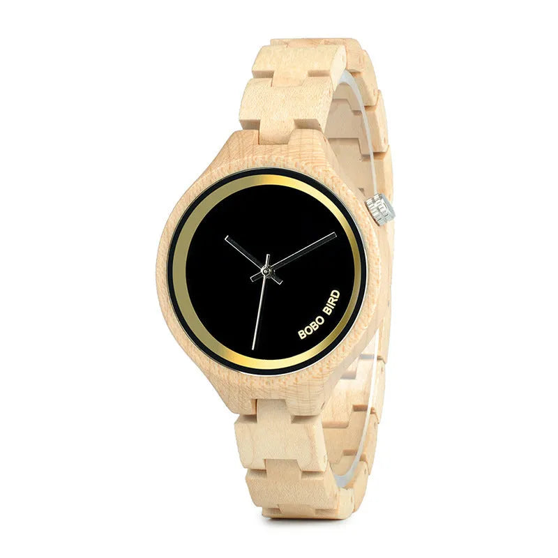 Men's business casual wooden watch with round dial, mineral glass, butterfly buckle, natural wood strap and case