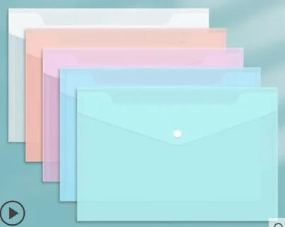 Clear A4 plastic file bag with snap closure and file grip, shown holding documents.