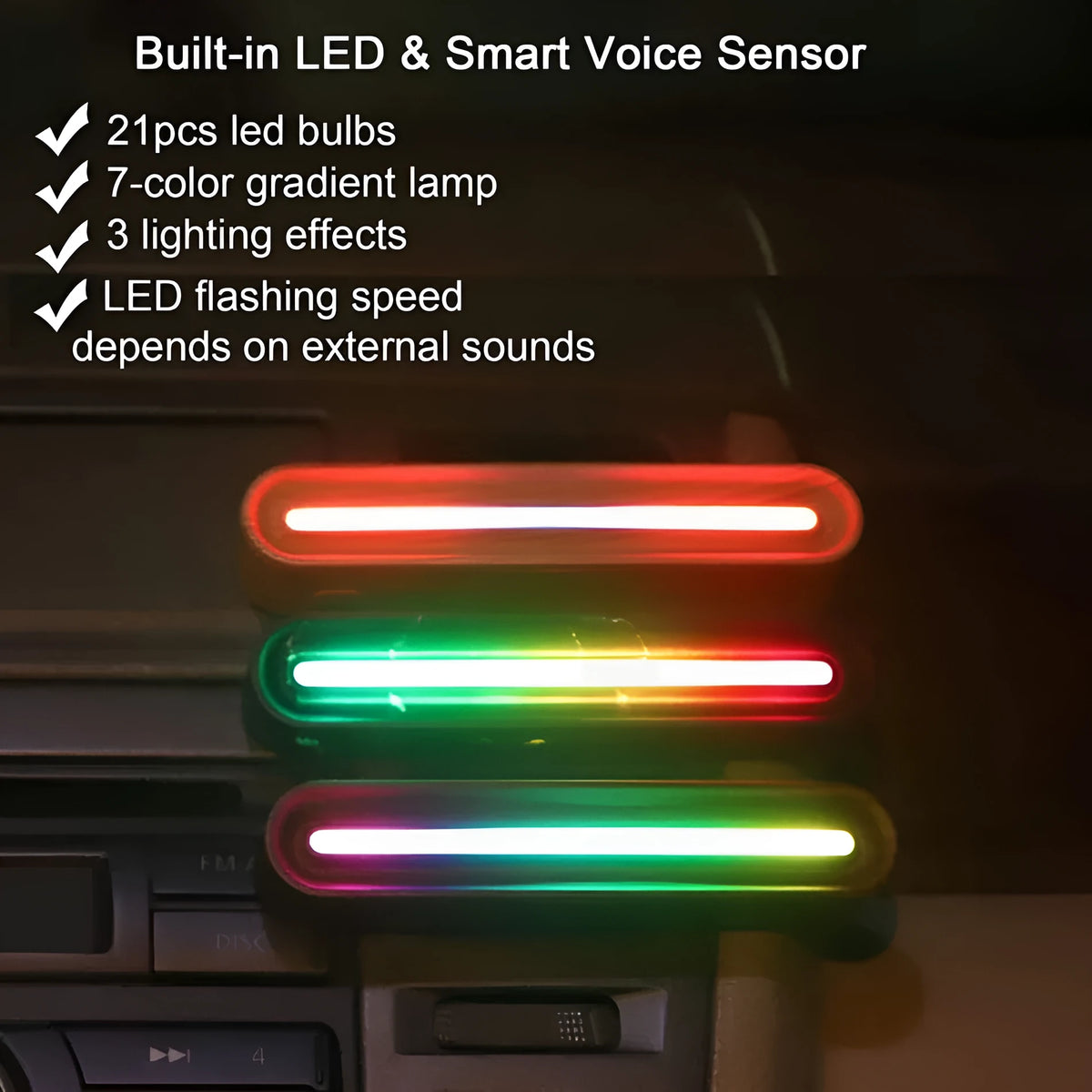 Car vent air freshener diffuser with 7-colour LED voice sensor and replaceable fragrance pad in Apricot Wood Grain finish