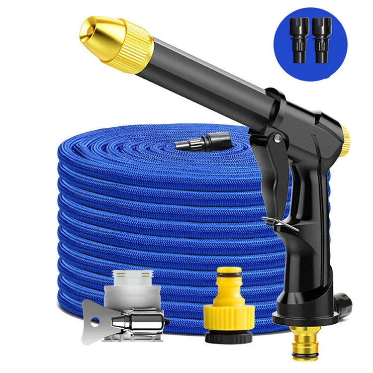 Aluminium alloy telescopic garden hose extended with water gun showing multiple spray pattern options