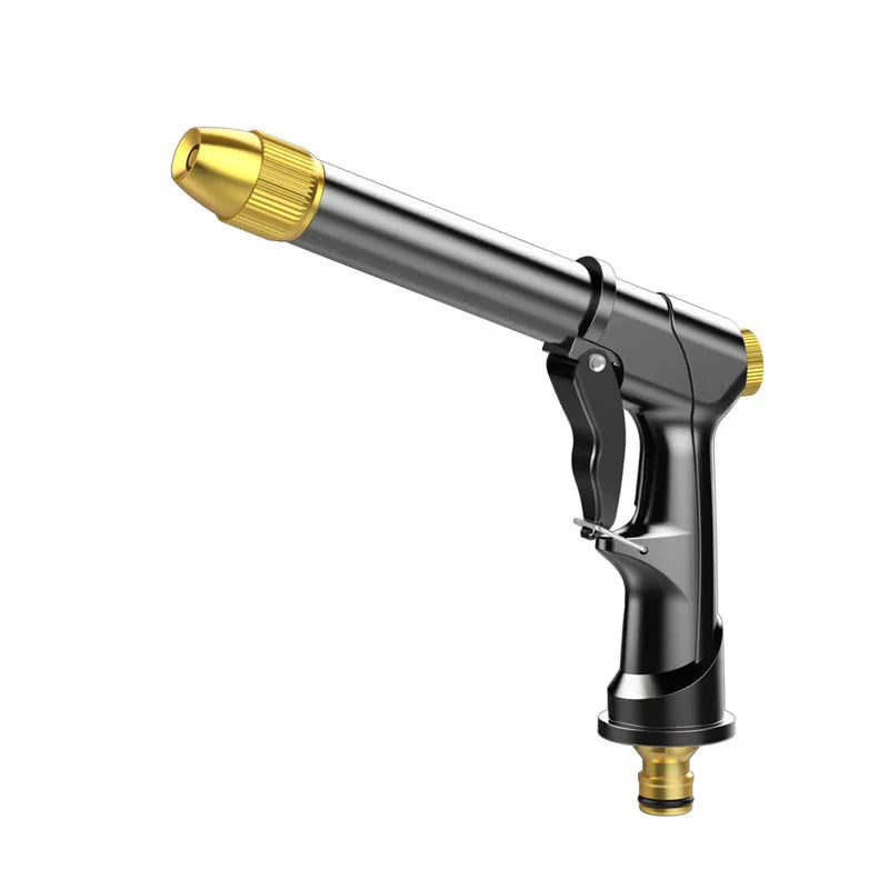 Aluminium alloy telescopic garden hose extended with water gun showing multiple spray pattern options