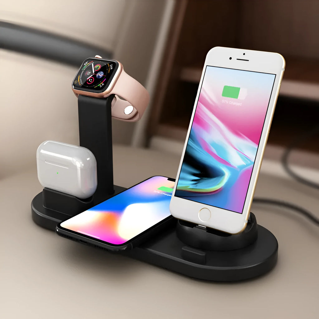 Three-in-one wireless charging bracket for Apple Watch, AirPods, and iPhone in black and white colour options