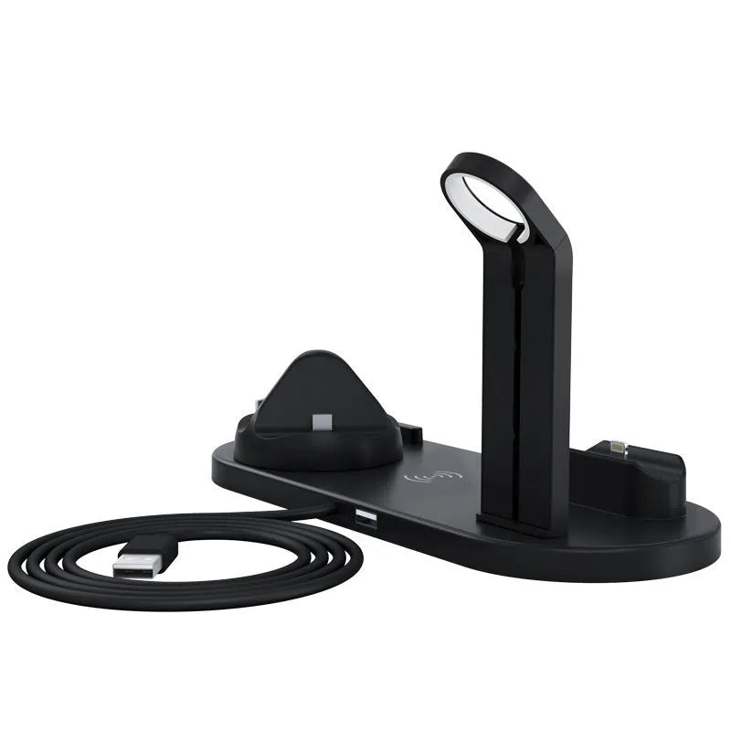 Three-in-one wireless charging bracket for Apple Watch, AirPods, and iPhone in black and white colour options