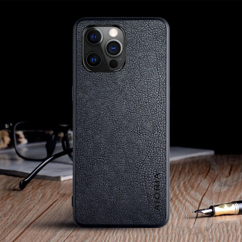 iPhone 12 Pro Max mobile phone case with lychee pattern, TPU back cover, business style, solid colour, black brown red