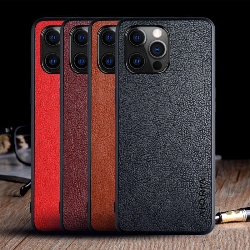 iPhone 12 Pro Max mobile phone case with lychee pattern, TPU back cover, business style, solid colour, black brown red
