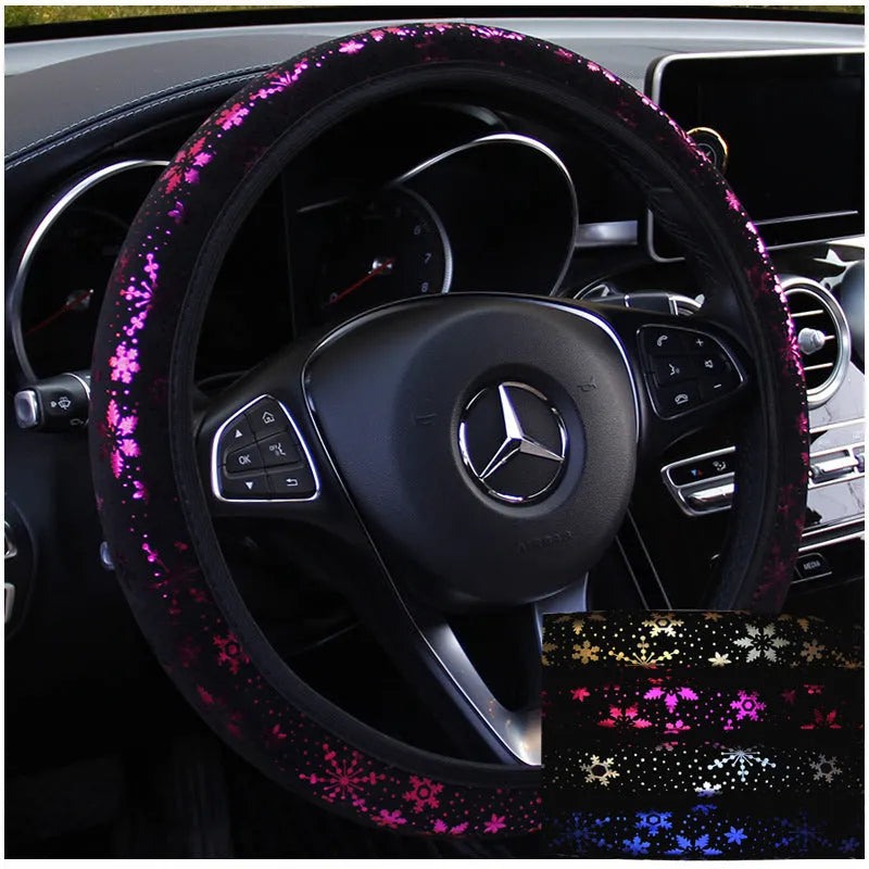 Hot stamping snowflake car steering wheel cover with elastic band in gold snow colour on a black steering wheel